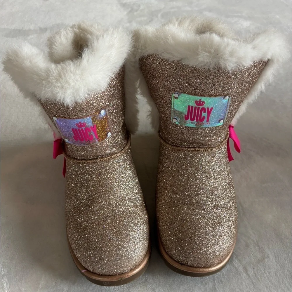 Juicy Couture Snow Boots Gold Glitter Kids Sparkling Faux Fur Size 3